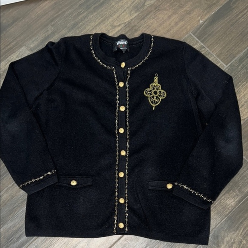 Designer Original Studio Black Cardigan with Gold Embroidery Vintage Sz L